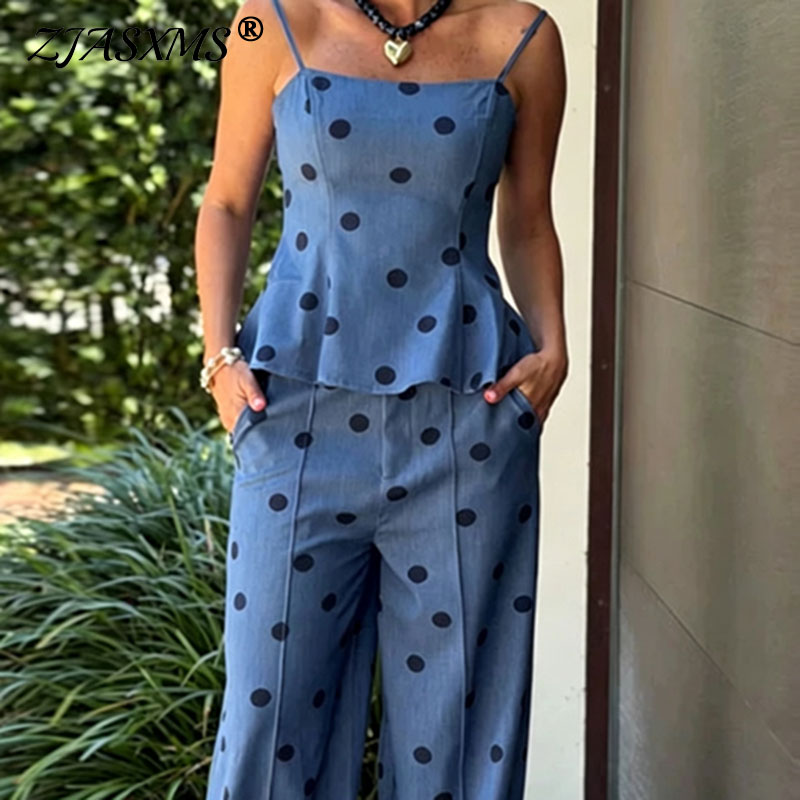 Suspender Tank Top - Vintage Gepunktetes Chambray Zweiteiler-Set für Damen,