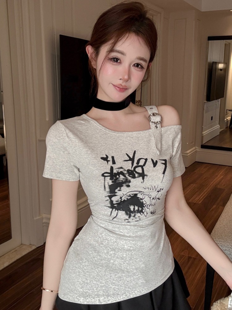 T Shirt Tight Fit - Modisches, trendiges, schulterfreies Kurzarm-T-Shirt für Damen,